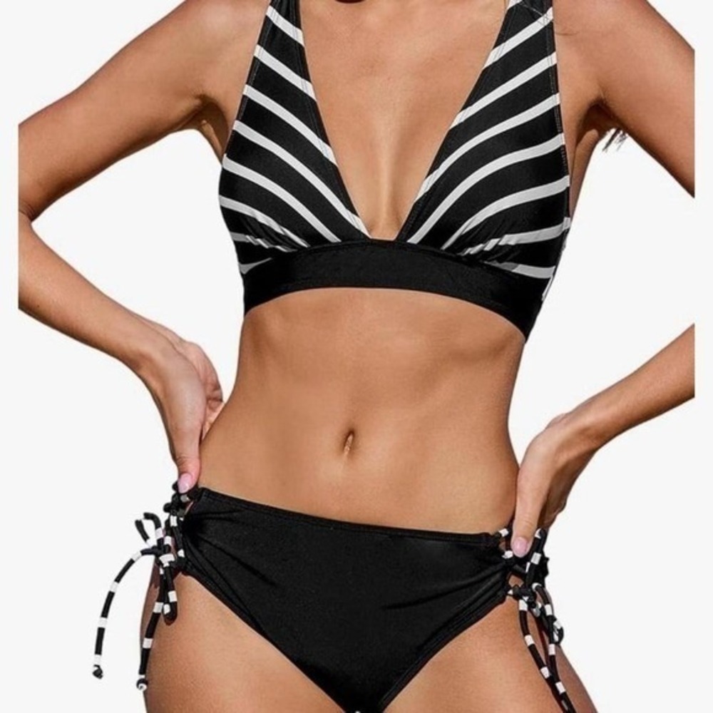 Cupshe Womens Black White Striped V-Neck Cross Back Side Tie Bikini Set M NEW